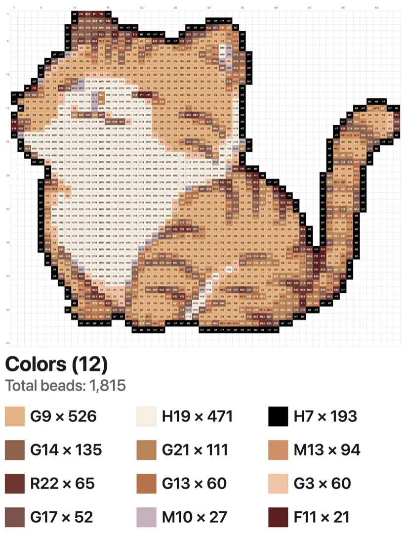 Converted perler bead pattern with color legend