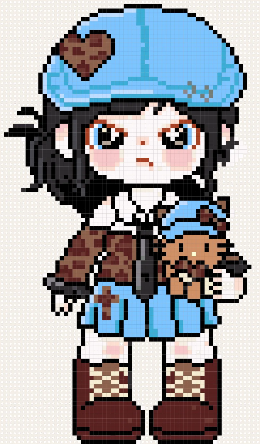 Plantilla de hama beads de Chica con boina azul y osito (61×104 cuadros)