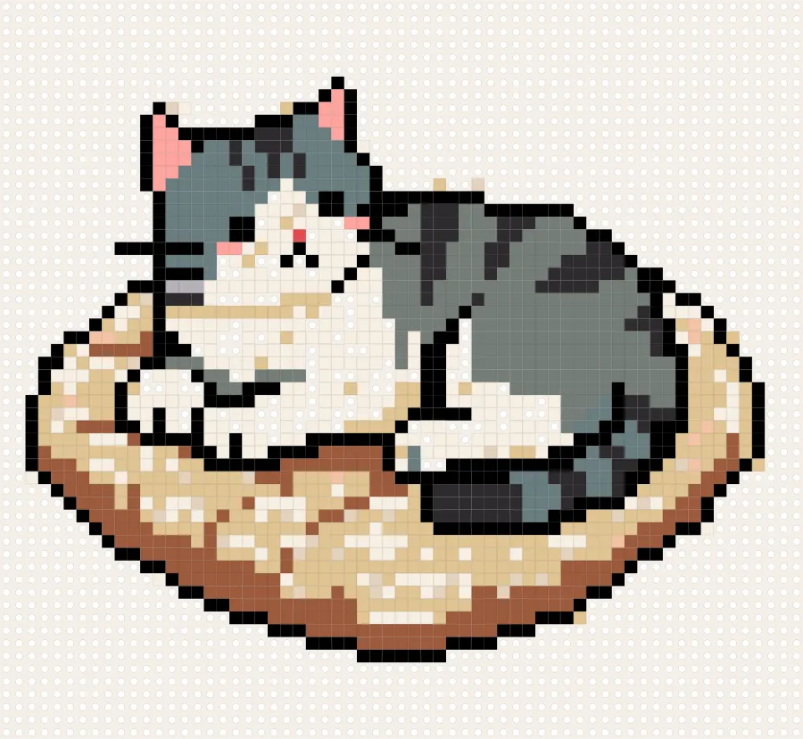 かごで丸くなるグレーのねこのアイロンビーズ図案（63×58マス）