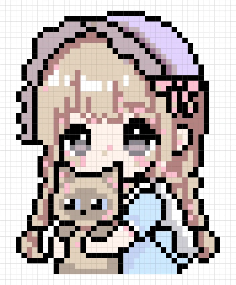 Plantilla de hama beads de Chica abrazando un gato de peluche (44×53 cuadros)
