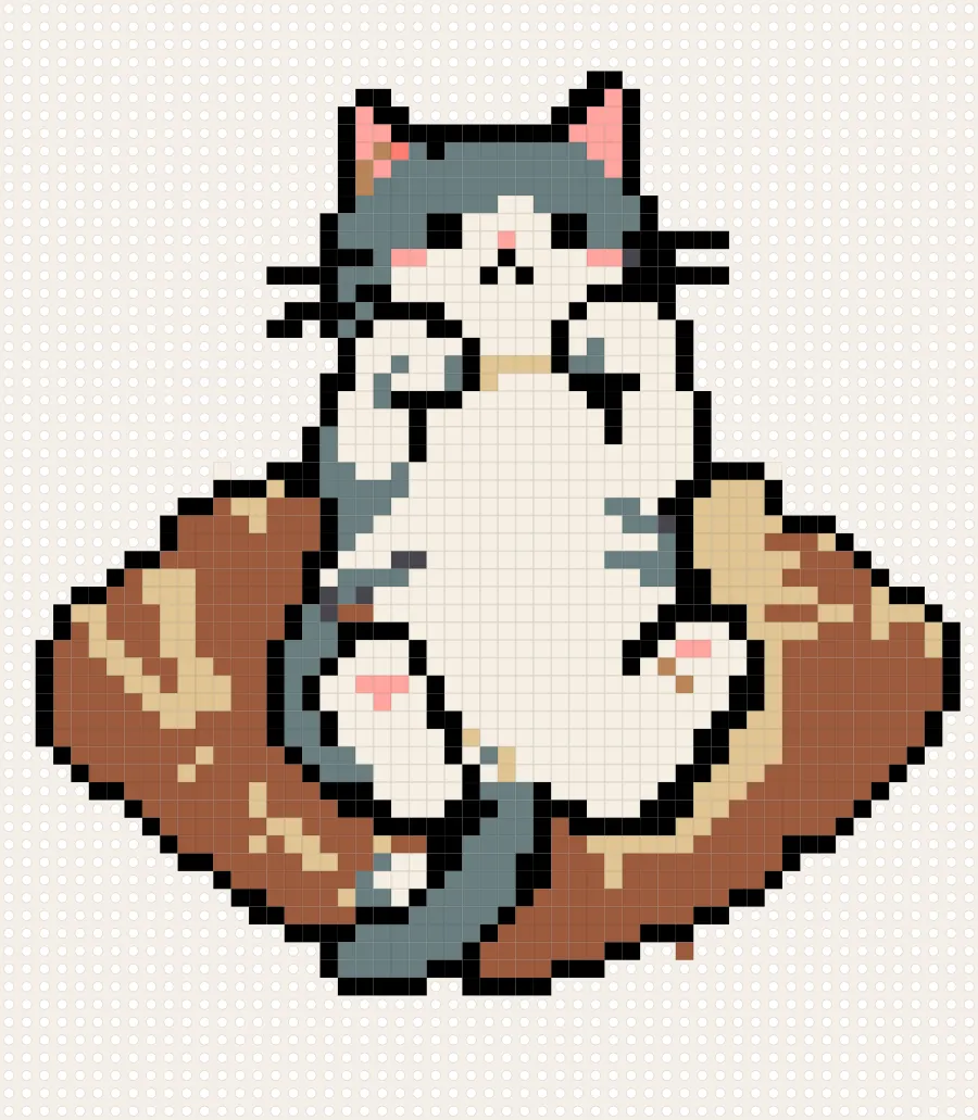 かごにおすわりするグレーのねこのアイロンビーズ図案（55×63マス）