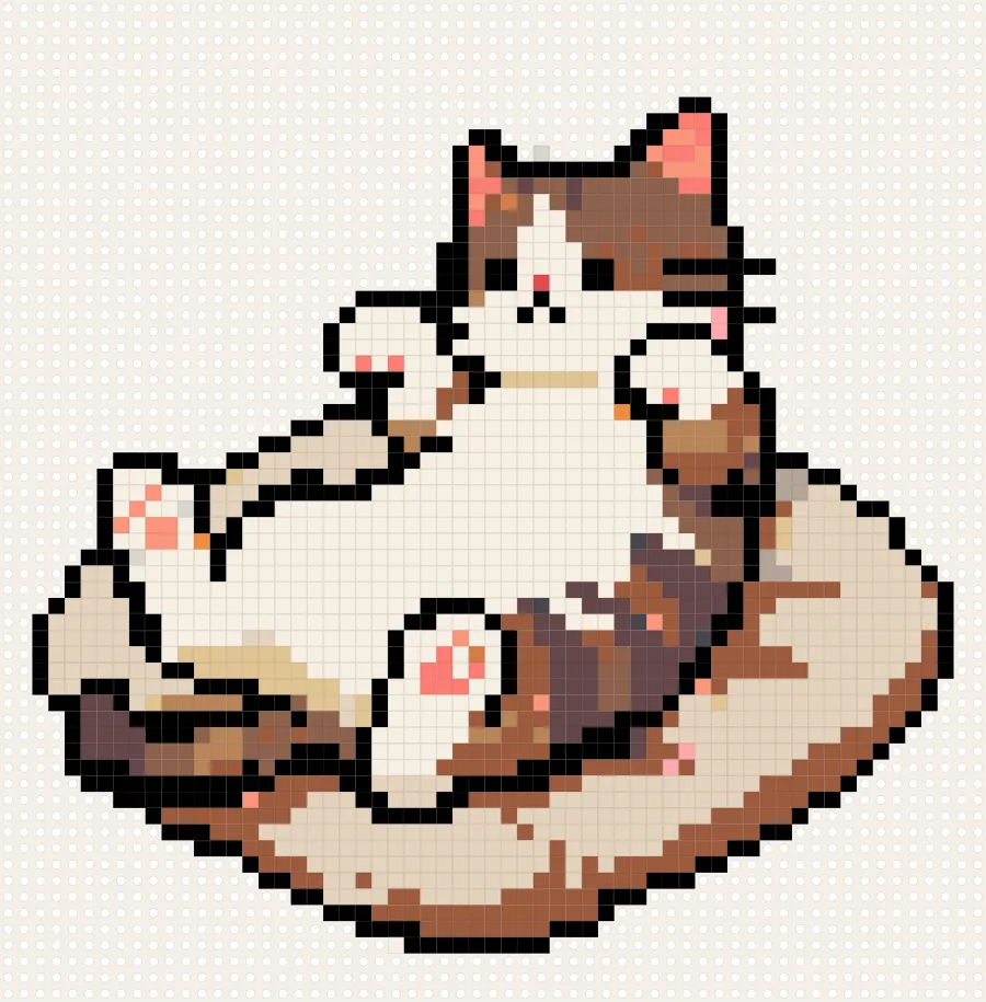 ベッドでごろんとする三毛ねこのアイロンビーズ図案（61×62マス）