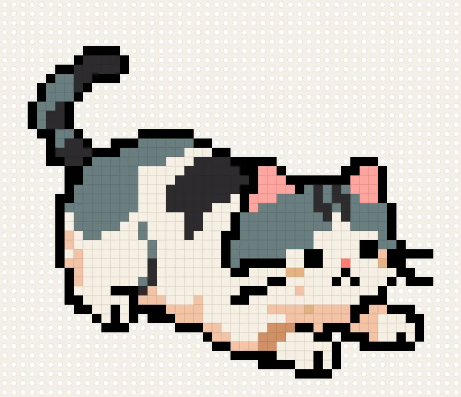 のびをするグレーと白のねこのアイロンビーズ図案（50×43マス）