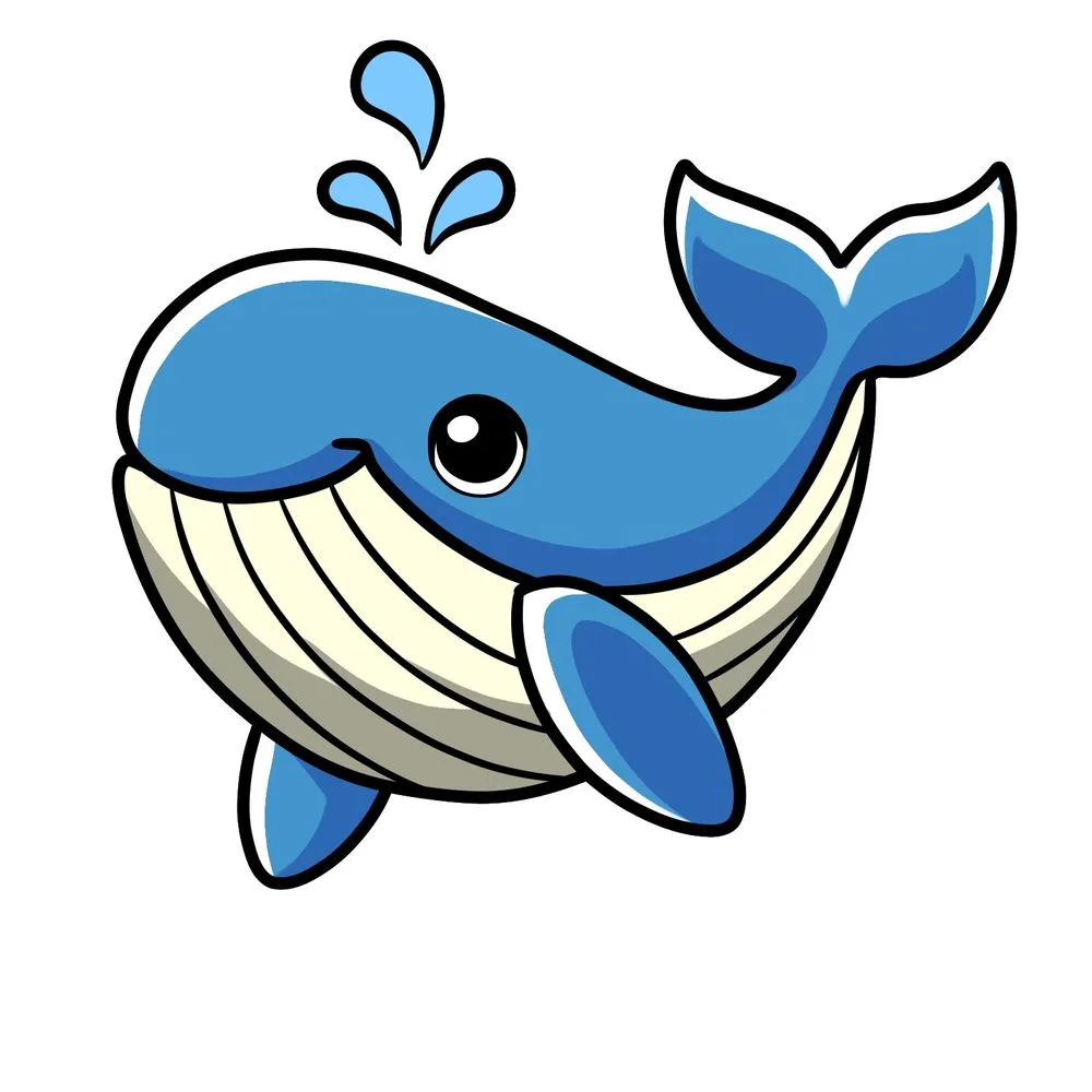 A simple, flat whale illustration on a plain white background