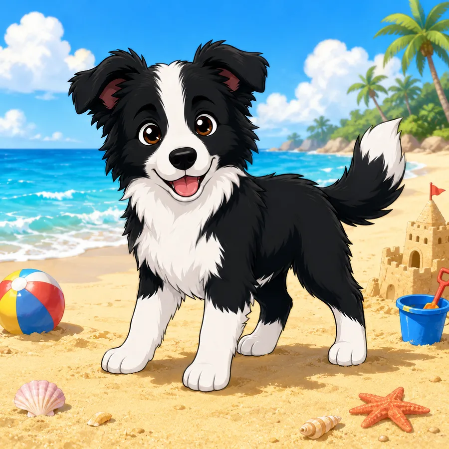 A dog illustration set in a full beach scene