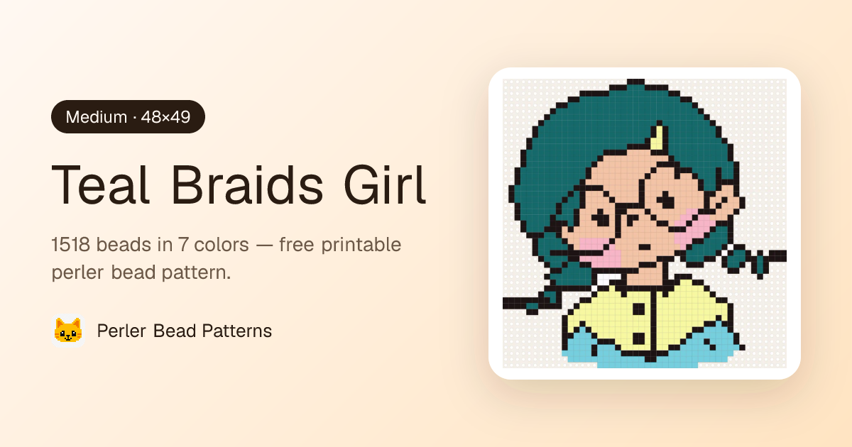 Free Teal Braids Girl Perler Bead Pattern (Printable PDF)