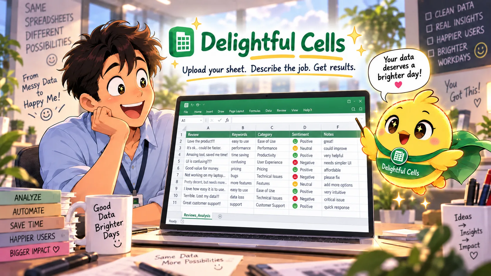 DelightfulCells: upload your sheet, describe the job, get results.